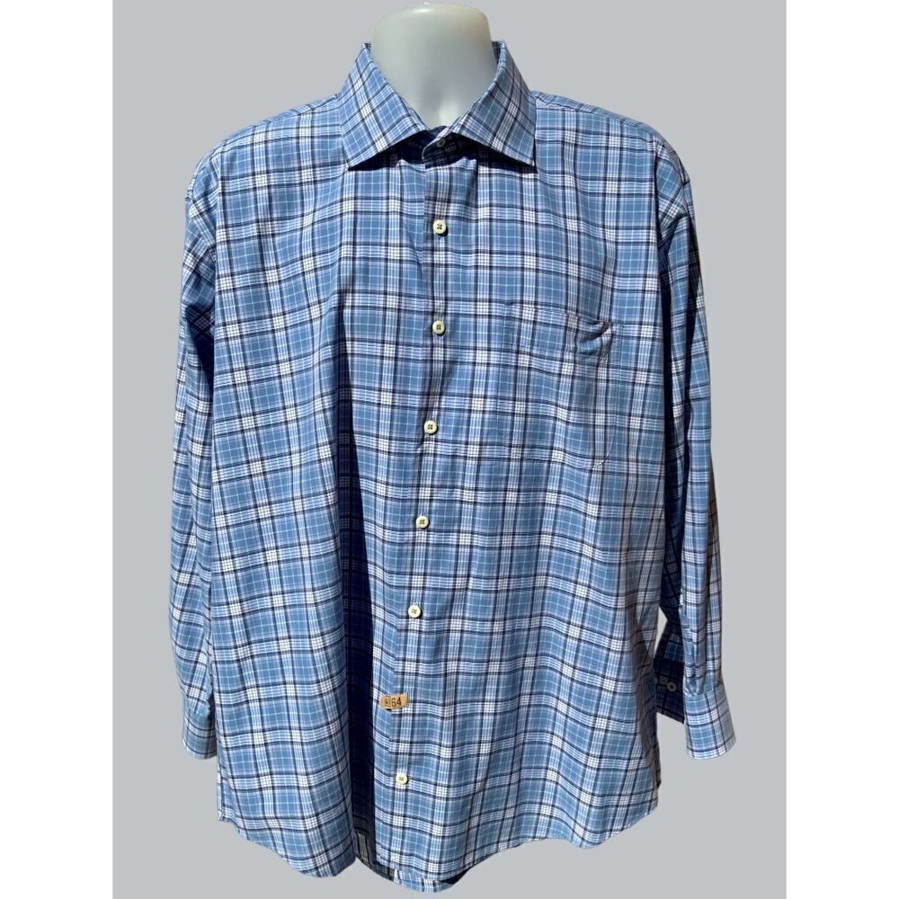 PETER MILLAR DESIGNER BLUE PLAID LONG SLEEVE CLASSIC BUTTON DOWN SHIRT SIZE XL